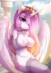  2020 absurd_res anthro anthrofied areola armwear breasts clothing crown elbow_gloves equid female friendship_is_magic gloves hair handwear hasbro hi_res horn legwear looking_at_viewer magnaluna mammal my_little_pony nipples pink_hair princess_celestia_(mlp) purple_eyes smile solo stockings tiara winged_unicorn wings 