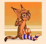  absurd_res anthro brown_body brown_eyes brown_fur brown_spots clothed clothing ear_tuft eyewear felid feline fur glasses head_tuft hi_res legwear looking_at_viewer lynx male mammal marc_(theblueberrycarrots) mostly_nude simple_background sitting smile solo spots spotted_body spotted_fur theblueberrycarrots thigh_highs topless tuft 