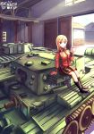  1girl absurdres blonde_hair blue_eyes breasts caterpillar_tracks churchill_(tank) cromwell_(tank) cup earl_grey_(girls_und_panzer) emblem fuura garage girls_und_panzer ground_vehicle highres long_hair military military_vehicle motor_vehicle skirt smile st._gloriana&#039;s_(emblem) st._gloriana&#039;s_military_uniform tank teacup uniform 