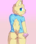  anthro bottomless butt canid canine canis clothed clothing domestic_dog hand_on_shoulder hi_res looking_back male mammal pawpads pink_background raised_tail rear_view shirt simple_background solo tongue tongue_out topwear young zanzan_(artist) 