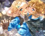  1boy 1girl bangs blonde_hair blue_eyes blush braid couple crown_braid earrings gloves green_eyes highres jewelry lazoomaiga link long_hair looking_at_viewer nintendo open_mouth pointy_ears princess_zelda short_hair smile the_legend_of_zelda the_legend_of_zelda:_breath_of_the_wild 