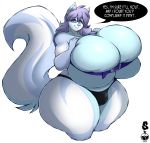  absurd_res anthro big_breasts blue_eyes breasts bulge dialogue female gynomorph hair hi_res holding_breast huge_breasts hyper hyper_breasts intersex mammal purple_hair simple_background solo superix thick_thighs white_background wide_hips 