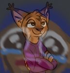  anthro bodily_fluids brown_eyes cheek_tuft clothed clothing crossed_arms ear_tuft facial_tuft felid feline head_tuft hoodie inner_ear_fluff lynx male mammal marc_(theblueberrycarrots) smile solo tears theblueberrycarrots topwear tuft 