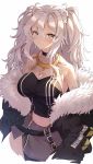  1girl animal_ears bare_shoulders belt blush breasts closed_mouth commentary darjeeling_(reley) earrings fur-trimmed_jacket fur_trim grey_eyes grey_hair hair_between_eyes highres hololive jacket jewelry large_breasts lion_ears lion_girl long_hair looking_at_viewer messy_hair midriff navel necklace off_shoulder shirt shishiro_botan skirt smug solo two_side_up virtual_youtuber 