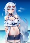  1girl ahoge ak4ci arknights bangs bare_shoulders blue_shorts blue_sky blush breasts cleavage commentary day eyewear_on_head highres long_hair medium_breasts navel no_hat no_headwear off-shoulder_shirt off_shoulder open_fly parted_lips red_eyes shirt short_shorts short_sleeves shorts silver_hair skadi_(arknights) sky solo stomach sunglasses very_long_hair water white_shirt 