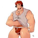  1boy animal_ears bangs bara brown_hair chest cowboy_shot facial_hair forked_eyebrows glowing_horns highres horns jockstrap looking_at_viewer male_focus male_underwear muscle no_horn p2yong simple_background smile solo tank_top thick_eyebrows thick_thighs thighs tokyo_houkago_summoners underwear upper_body wakan_tanka yellow_eyes 