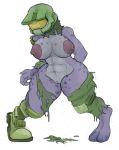  2019 3_fingers alternate_species anthro armor breasts cashier:3 clothing crossgender digital_media_(artwork) digitigrade female fingers genitals halo_(series) headgear helmet looking_down master_chief microsoft nipples purple_body pussy scalie simple_background solo standing thick_thighs torn_clothing transformation video_games white_background wide_hips xbox_game_studios 