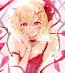  1girl :q alternate_costume bangs blonde_hair blush bow breasts choker cleavage dress drill_hair eyebrows_visible_through_hair flandre_scarlet hair_between_eyes hair_bow hair_ornament hair_ribbon hairpin hand_on_own_cheek hand_on_own_chin hand_on_own_face hand_up heart highres licking_lips light_particles looking_at_viewer medium_hair one_side_up paragasu_(parags112) parted_bangs red_bow red_choker red_dress red_eyes red_ribbon ribbon side_drill sidelocks single_drill sleeveless sleeveless_dress solo strap_slip tongue tongue_out touhou upper_body wings 