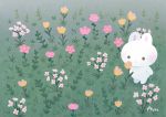  ayu_(mog) blush bunny flower grass no_humans original parted_lips pink_flower signature white_flower yellow_flower 