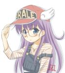  1girl baseball_cap blue_eyes dr._slump ebifly glasses hand_on_headwear hand_up hat long_sleeves looking_at_viewer norimaki_arale orange_shirt overalls parted_lips red-framed_eyewear red_headwear round_eyewear shirt solo strap_slip striped striped_shirt upper_body winged_hat 