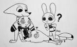  2019 ? ambiguous_gender anthro arctic_fox barefoot black_and_white bottomwear canid canine clothed clothing disney dizzy ear_markings ears_down facial_markings fox fully_clothed group head_markings hi_res inktober jack_savage judy_hopps lagomorph leporid lying mammal markings monochrome nick_wilde on_front overalls pants pivoted_ears police_uniform rabbit simple_background skye_(zootopia) spiral_eyes suit theblueberrycarrots uniform white_background zootopia 