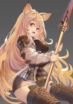  animal_ears arknights belt belt_buckle boots breasts buckle ceobe_(arknights) cross-laced_footwear dog_ears dog_tail dress eyebrows eyelashes fang hair_between_eyes highres holding holding_weapon lace lace-up_boots light_brown_hair long_hair long_sleeves open_mouth orange_eyes polearm puffy_sleeves short_dress simple_background skin_fang spear tail thigh_boots thighhighs weapon xiao_feng 
