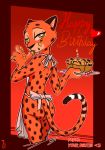 &lt;3 &lt;3_eyes 2020 anthro apron apron_only brown_spots butt candle cheetah clothing english_text felid feline female finger_fetish finger_lick finger_play fingers fire food fur hi_res holding_plate licking looking_at_viewer looking_back looking_back_at_viewer mammal mostly_nude muffin orange_body orange_fur red_background simple_background solo spots spotted_body spotted_fur stephie_(fraydia1) text theblueberrycarrots tongue tongue_out yellow_eyes 