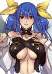  1girl asymmetrical_wings bangs belt black_legwear black_panties blue_hair blush boots breasts choker collarbone detached_sleeves dizzy_(guilty_gear) eyebrows_visible_through_hair guilty_gear guilty_gear_x guilty_gear_xx hair_between_eyes hair_ribbon hair_rings hand_on_own_chest large_breasts long_hair long_sleeves midriff navel open_mouth panties puffy_long_sleeves puffy_sleeves red_eyes ribbon simple_background solo stomach twintails underboob underwear upper_body white_background wings yasunososaku yellow_ribbon 