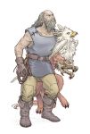  1boy animal balding beard belt black_eyes boots brown_gloves facial_hair full_body ganpp_vochstein gloves griffin holding holding_animal looking_up male_focus pants simple_background sleeveless solo tactics_ogre whip white_background windcaller 