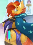  2019 anthro anthrofied blue_eyes butt cape clothing equid equine eyewear friendship_is_magic glasses hair hasbro horn jrvanesbroek legwear male mammal my_little_pony orange_hair robe solo sparkles sparkling_eyes stockings sunburst_(mlp) tight_clothing unicorn 