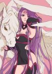  1girl arm_up breasts cleavage detached_sleeves dress eyebrows_visible_through_hair eyes_visible_through_hair facial_mark fate/stay_night fate_(series) forehead_mark isshoku_(shiki) long_hair looking_at_viewer parted_lips pegasus pink_background purple_eyes purple_hair rider short_dress simple_background standing very_long_hair yellow_eyes 
