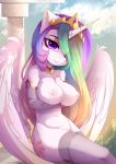 2020 absurd_res anthro anthrofied areola armwear breasts clothing crown elbow_gloves equid female friendship_is_magic gloves hair handwear hasbro hi_res horn legwear looking_at_viewer magnaluna mammal multicolored_hair my_little_pony nipples princess_celestia_(mlp) purple_eyes smile solo stockings tiara winged_unicorn wings 