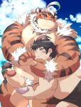  2020 anthro ayame42612 belly blush bodily_fluids bulge butt chubby_protagonist_(tas) clothing duo erection felid genitals hi_res hombretigre human kemono male male/male mammal moobs nipples outside overweight overweight_male pantherine penis protagonist_(tas) sweat swimwear tiger tokyo_afterschool_summoners video_games 