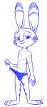  &lt;3 &lt;3_eyes abs anthro blue_and_white bulge clothed clothing disney ear_markings facial_markings head_markings hi_res jack_savage lagomorph leporid looking_at_viewer male mammal markings monochrome muscular muscular_anthro muscular_male rabbit scar simple_background smile solo speedo standing stripes swimwear theblueberrycarrots topless white_background zootopia 