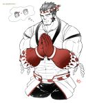  1boy abs bara beard body_hair chest chest_hair facial_hair hachimaki headband highres male_focus manly master_3_(tokyo_houkago_summoners) muscle nejiri_hachimaki p2yong partially_colored pectorals praying solo tajikarao_(tokyo_houkago_summoners) thought_bubble tokyo_houkago_summoners upper_body 