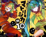  2girls anniversary blue_eyes blue_hair brown_gloves dated gloves green_hair gumi hatsune_miku highres ito_taera long_hair looking_at_viewer matryoshka_(vocaloid) mouth_piercing multiple_girls red_eyes short_hair simple_background smiley_face tongue tongue_out track_suit twintails twitter_username vocaloid yellow_background 