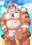  2020 anthro ayame42612 belly blush bulge clothing felid genitals hi_res hombretigre humanoid_hands kemono male mammal moobs nipples outside overweight overweight_anthro overweight_male pantherine penis pubes solo swimwear tiger tokyo_afterschool_summoners video_games 
