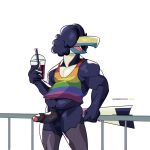  1:1 anthro avian better_version_at_source beverage bird black_penis clothing genitals hair hair_over_eye hi_res holding_object humanoid_genitalia humanoid_penis leaning lgbt_pride male modern_bird one_eye_obstructed penis pride_color_clothing pride_colors solo toucan uncut 