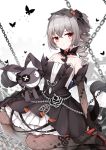  1girl bangs bare_shoulders black_butterfly black_dress black_gloves bronya_zaychik chain crossed_bangs dress drill_hair elbow_gloves fishnet_gloves fishnet_legwear fishnets frilled_dress frills gloves gothic_lolita grey_hair hair_ribbon highres homu_(honkai_impact) honkai_(series) honkai_impact_3rd layered_dress lolita_fashion long_hair looking_at_viewer multicolored_hair orange_hair poinia red_eyes ribbon sitting streaked_hair twin_drills veil wariza 