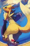  anthro beach black_sclera butt digimon digimon_(species) female hi_res looking_at_viewer looking_back paws raised_leg renamon sea seaside solo water 