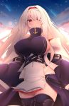  1girl anchor_symbol azur_lane black_legwear blue_coat blue_dress blush breasts camilitrox_cr cloud cloudy_sky coat colorado_(azur_lane) commentary commission covered_navel cowboy_shot dawn dress english_commentary hair_between_eyes hairband highres large_breasts long_hair looking_at_viewer off_shoulder outdoors parted_lips red_eyes shooting_star short_dress sideboob silver_hair sky sleeveless sleeveless_dress solo star_(sky) starry_sky thighhighs thighs two-tone_dress white_dress 