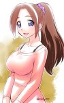  :d bra_strap breasts brown_hair copyright_request ebifly from_side hair_ornament hair_scrunchie large_breasts long_sleeves looking_at_viewer mole mole_under_eye open_mouth pink_sweater ponytail purple_eyes scrunchie smile spaghetti_strap sweater twitter_username upper_body 
