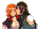  1boy 1girl bare_shoulders black_hair blue_eyes breasts cheek_kiss cleavage commentary_request covered_collarbone eyebrows_visible_through_hair hair_between_eyes hetero kiss lie_ren long_hair medium_breasts nora_valkyrie orange_hair pink_hair rwby short_hair short_sleeves simple_background sora_(efr) upper_body white_background 