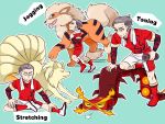  1boy arcanine centiskorch commentary_request dumbbell english_text exercise fangs gen_1_pokemon gen_8_pokemon grey_hair gym_leader highres himuronanart jogging kabu_(pokemon) multiple_tails ninetales pokemon pokemon_(creature) pokemon_(game) pokemon_swsh red_legwear shoes shorts simple_background sneakers socks stretch sweat tail tongue tongue_out towel towel_around_neck undershirt 