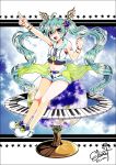  1girl arms_up artist_name blue_hair bracelet cloud cloudy_sky commentary_request earth green_eyes hair_between_eyes hatsune_miku head_wings jewelry midriff murasaki_daidai_etsuo navel piano_keys pointing shorts shoulder_tattoo sitting sky sleeveless sleeveless_jacket solo tattoo twintails twitter_username vocaloid white_footwear 