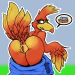  1:1 2020 anthro anus avian banjo-kazooie beak bird butt cashier:3 dialogue egg feathered_wings feathers female genitals green_eyes kazooie pussy raised_tail rareware rear_view red_body simple_background solo video_games wings 