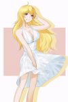  1girl ahoge bangs blonde_hair breasts cleavage collarbone dress eyebrows_visible_through_hair floating_hair grin highres large_breasts long_hair pink_background purple_eyes rwby sleeveless sleeveless_dress smile solo standing sundress tl two-tone_background very_long_hair white_background white_dress yang_xiao_long 