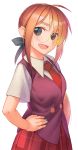  1girl :d bangs blue_nails blue_ribbon blush breasts collared_shirt commentary_request eyebrows_visible_through_hair glasses green_eyes hair_ribbon hand_on_hip hasegawa_chisame light_brown_hair long_hair looking_at_viewer mahora_academy_middle_school_uniform mahou_sensei_negima! nail_polish necktie open_mouth plaid plaid_skirt ponytail purple_vest red_neckwear red_skirt ribbon rotix round_eyewear school_uniform shirt simple_background skirt smile solo standing vest white_background white_shirt 