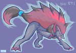  all_fours ambiguous_gender anthro black_body black_fur blue_eyes canid canine claws fur gd-058 grey_body grey_fur hair inner_ear_fluff mammal nintendo open_mouth pok&eacute;mon pok&eacute;mon_(species) ponytail purple_background red_claws red_hair red_inner_ear sharp_teeth shoulder_tuft simple_background teeth tuft video_games zoroark 