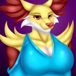  1:1 anthro breasts clothed clothing delphox female fur hi_res multicolored_body multicolored_fur nintendo open_mouth open_smile pok&eacute;mon pok&eacute;mon_(species) red_body red_eyes red_fur simple_background smile solo teeth video_games white_body white_fur yellow_body yellow_fur zi0808 