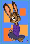  alternate_species ambiguous_gender anthro barefoot blue_background border bottomwear brown_body brown_eyes brown_fur cheek_tuft clothed clothing facial_tuft fully_clothed fur green_border head_tuft lagomorph leporid mammal marc_(theblueberrycarrots) pants rabbit signature simple_background sitting smile solo theblueberrycarrots tuft 