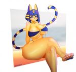  2020 animal_crossing ankha_(animal_crossing) anthro beach big_breasts big_butt blue_hair blush breasts butt cleavage clothed clothing crossed_legs domestic_cat egyptian fay_feline felid feline felis female fur hair hands_behind_back hi_res looking_at_viewer mammal narrowed_eyes nintendo nipple_outline purple_eyes seaside sitting smile solo swimwear thick_thighs video_games wide_hips yellow_body yellow_fur 