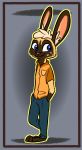  alternate_species anthro barefoot blue_eyes border bottomwear brown_body brown_border brown_fur clothing fur grey_background head_tuft hi_res inner_ear_fluff lagomorph leporid male mammal milo_(juantriforce) pants rabbit shirt simple_background smile solo spots spotted_body spotted_fur standing tan_body tan_fur theblueberrycarrots topwear tuft 