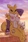  2020 anthro big_breasts blue_eyes breasts canid canine clothing convenient_censorship digimon digimon_(species) female fur hand_behind_head looking_at_viewer mammal nipples nude outside rawslaw5 renamon sitting solo thick_thighs tuft white_body white_fur wide_hips yellow_body yellow_fur 