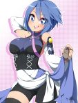  1girl :d absurdres aqua_(kingdom_hearts) bare_shoulders bike_shorts black_legwear blue_eyes blue_hair breasts bright_pupils cowboy_shot detached_sleeves fingerless_gloves gloves gradient gradient_background highres kingdom_hearts open_mouth pink_background short_hair skin_tight smile solo thighhighs totallyiryanic white_background white_pupils 
