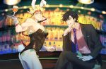  2boys abs absurdres alcohol alternate_costume animal_ears arched_back armpits ass bar bare_arms bare_shoulders battle_tendency belt_buckle black_neckwear black_pants blonde_hair blurry bokeh bow bowtie brown_hair buckle bunny_ears bunny_tail bunnysuit caesar_anthonio_zeppeli chin_rest clenched_hand collared_shirt cup depth_of_field detached_collar dollar_bill drinking_glass facial_mark fake_animal_ears fake_tail feather_hair_ornament feathers formal gloves green_eyes grin hair_feathers hand_on_own_chin headband highres holding holding_money holding_tray indoors jojo_no_kimyou_na_bouken joseph_joestar_(young) lamp leotard light light_particles light_rays liquor looking_at_another male_focus money multiple_boys muscle necktie neckwear one_eye_closed pants pectorals satosi_peter shiny shiny_clothes shirt short_hair sitting skin_tight smile spiked_hair standing striped striped_neckwear suit tail tray twisted_torso white_gloves wrist_cuffs 