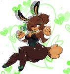  &lt;3 absurd_res anthro ashtails brown_body brown_fur bunny_costume bunny_ears_(cosmetic) candy clothing costume cuffs_(clothing) eeveelution eyeshadow female fishnet fishnet_legwear fluffy fluffy_tail food fur green_apple green_background green_eyes hair hi_res legwear lollipop looking_at_viewer makeup mammal necktie nintendo pok&eacute;mon pok&eacute;mon_(species) ponytail simple_background smiling_at_viewer solo stockings video_games 