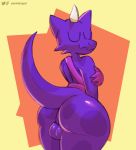  anthro backsack balls big_butt butt clothing genitals gloves handwear horn kobold looking_back male panickingad purple_body purple_scales scales simple_background solo spots stultus_(character) uwu 
