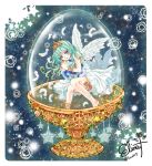  1girl angel angel_wings armlet artist_name blue_eyes blue_hair commentary_request cup dress earth feathers in_container in_cup long_hair murasaki_daidai_etsuo object_hug original plant sleeveless sleeveless_dress star_(symbol) starry_background thighlet tiara twitter_username vines white_dress wings 