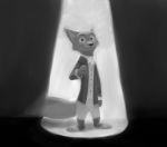  anthro canid canine clothed clothing disney fox fully_clothed fur greyscale hi_res male mammal monochrome nick_wilde red_fox smile solo spotlight standing theblueberrycarrots zootopia 